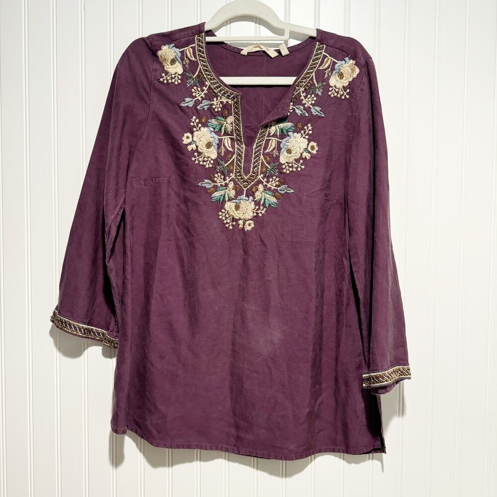 Soft Surroundings Purple Lyocell Tunic Top Floral Embroidery Size Small
